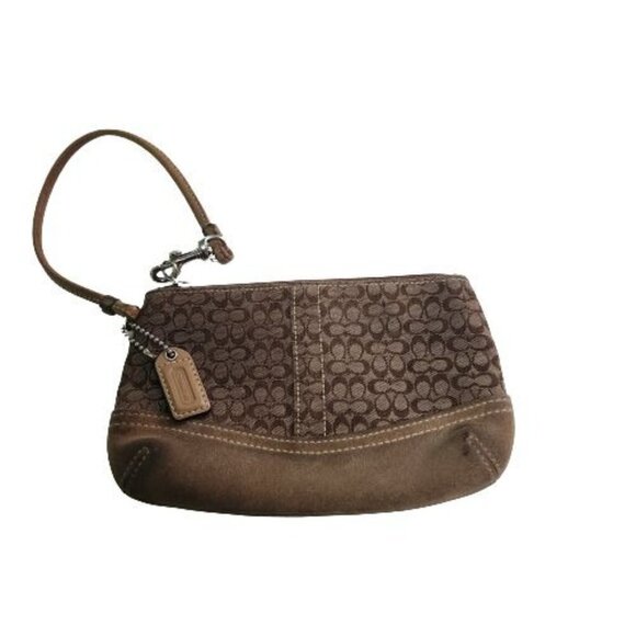 Coach Signature Logo Canvas Suede Wristlet With Keychain - Picture 1 of 6